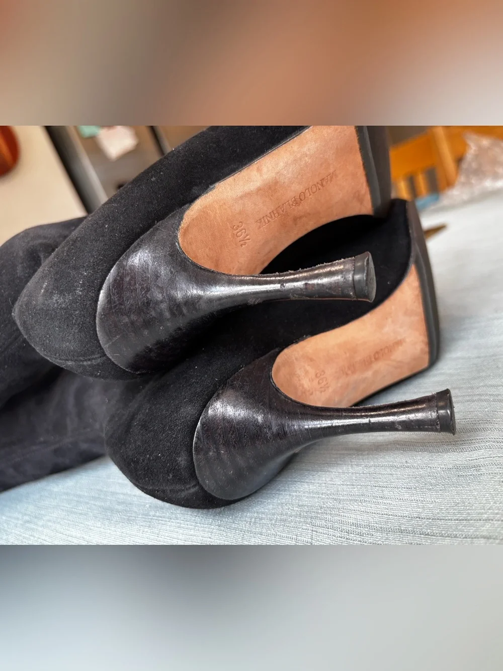 Manolo Blahnik Black Stretch-Suede Over-the-Knee Stiletto Boots Pamfilo 90